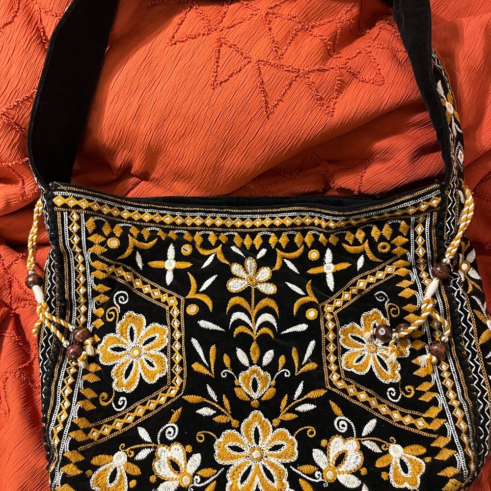 Free People Black and Gold Embroidered Satchel